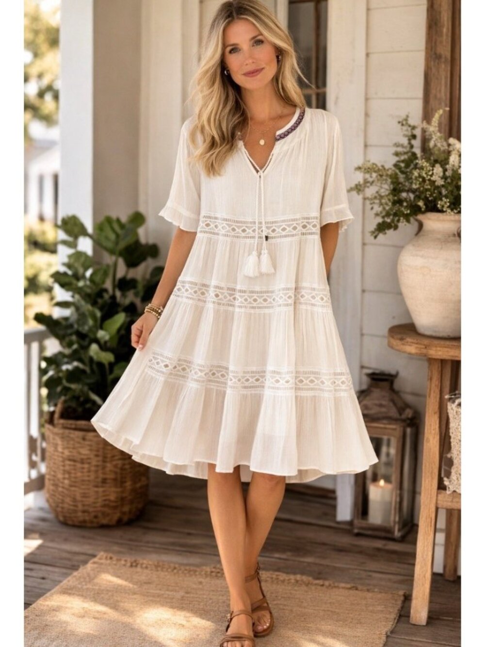 Kate & Sam Womens White Gauzy Crochet Tassel Swing tiered Dress sz L boho